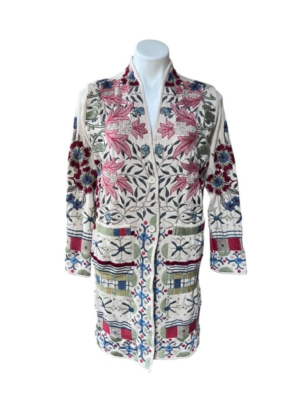 Johnny Was BIYA Oyshik All-Over Floral Embroidered Cotton Duster Coat XS